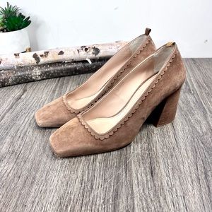 Boden Women's Scalloped Detail Square Toe Court Heels Tan A1156 Size 37 / 6.5